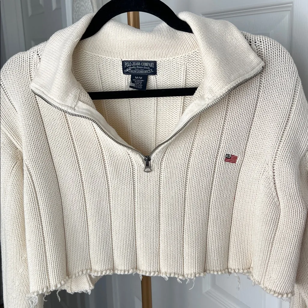 POLO RALPH LAUREN VINTAGE THICK RIBBED FLAG EMBROIDERY COTTON CROP ZIP SWEATER M - Image 4
