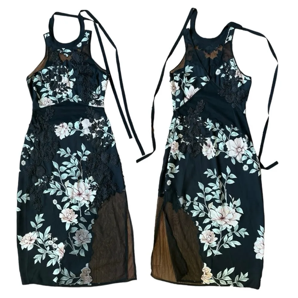 Guess Aluara Women's Black Pink Floral Embroidered Sexy Halter Midi Dress Size 0 - Image 8