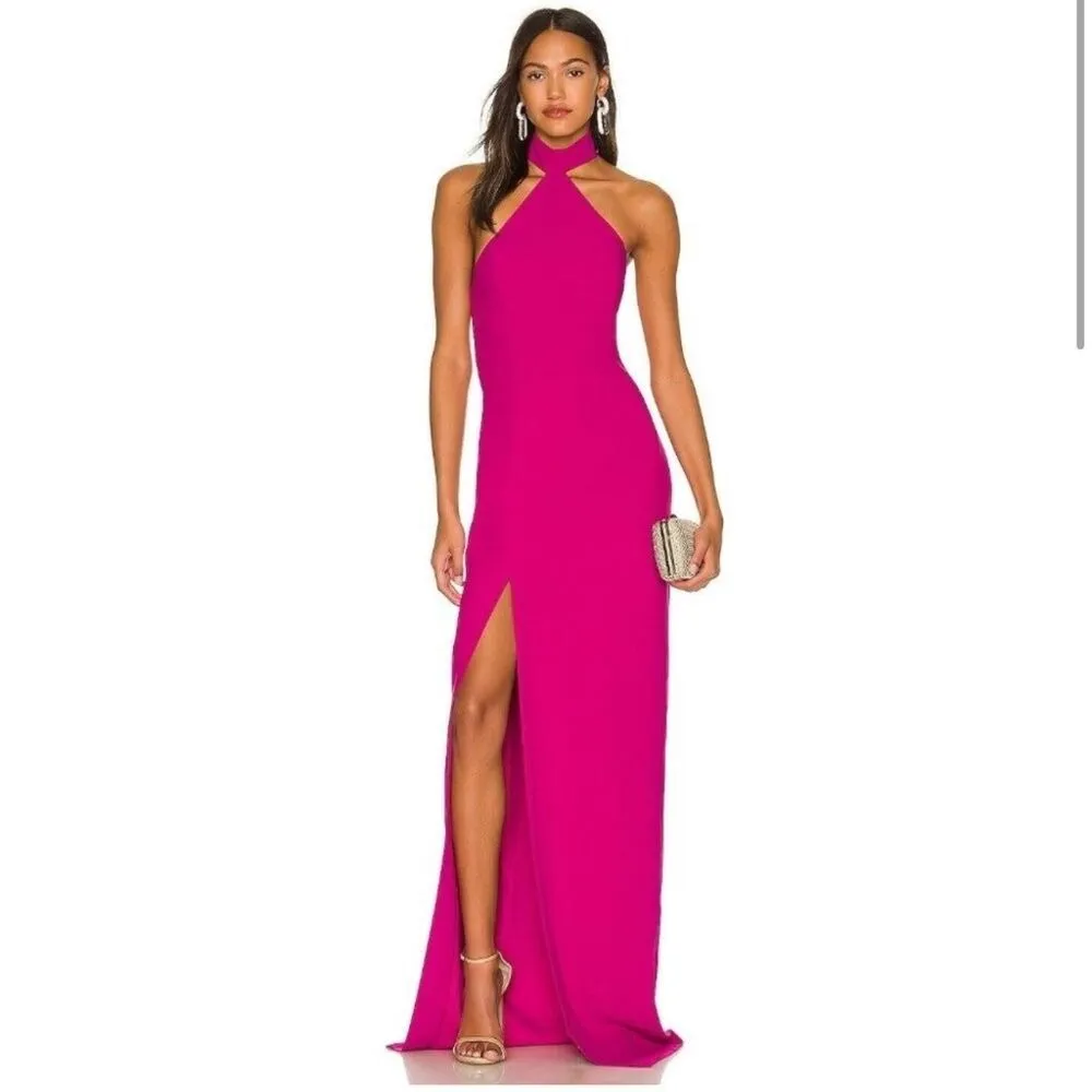 Amanda‎ Uprichard | S | Queen Halterneck Side Seam Split Maxi Gown in Magenta - Image 2