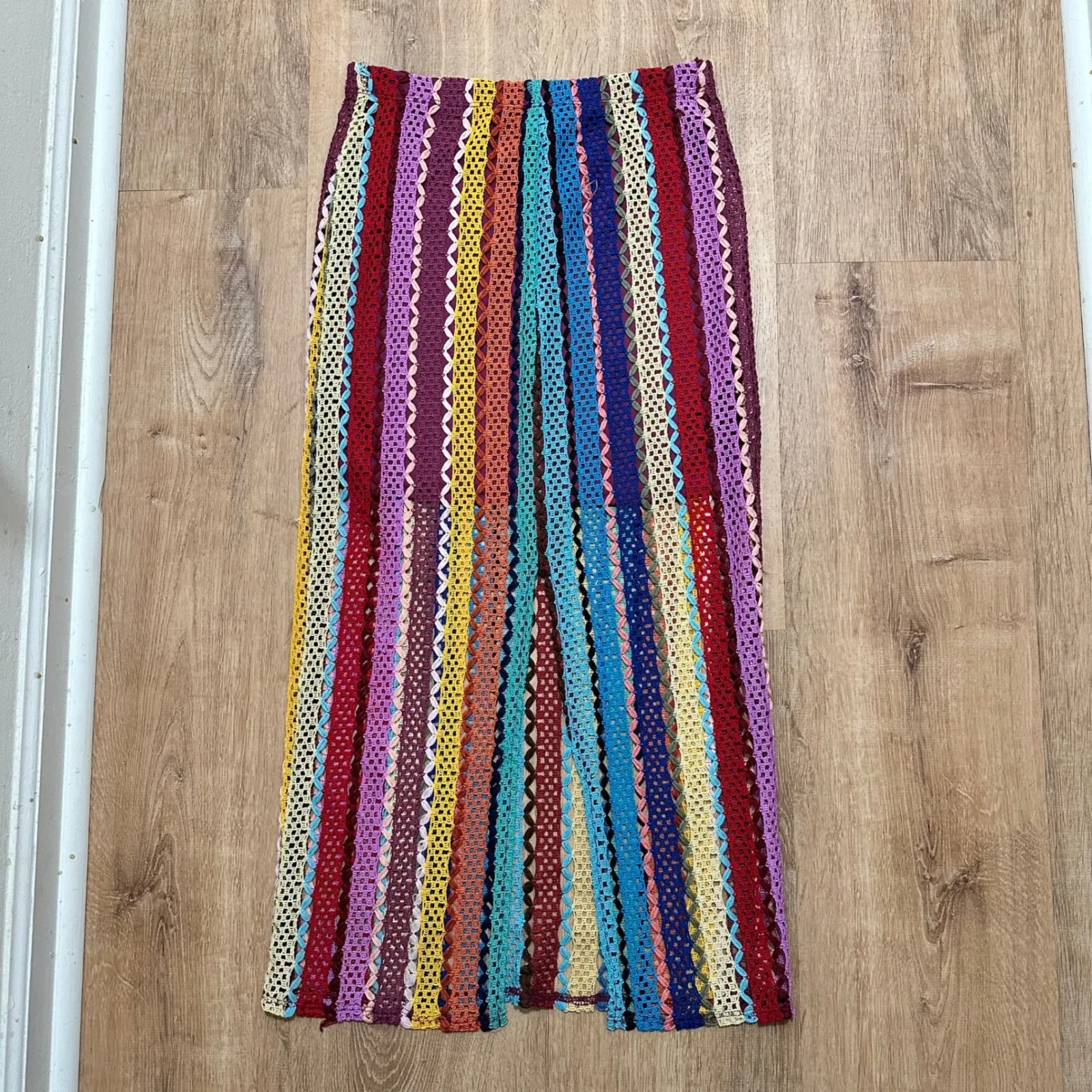 URBAN RENEWAL | NEW Women's Rainbow Striped Boho Festival Crochet Maxi Skirt, M - Image 2