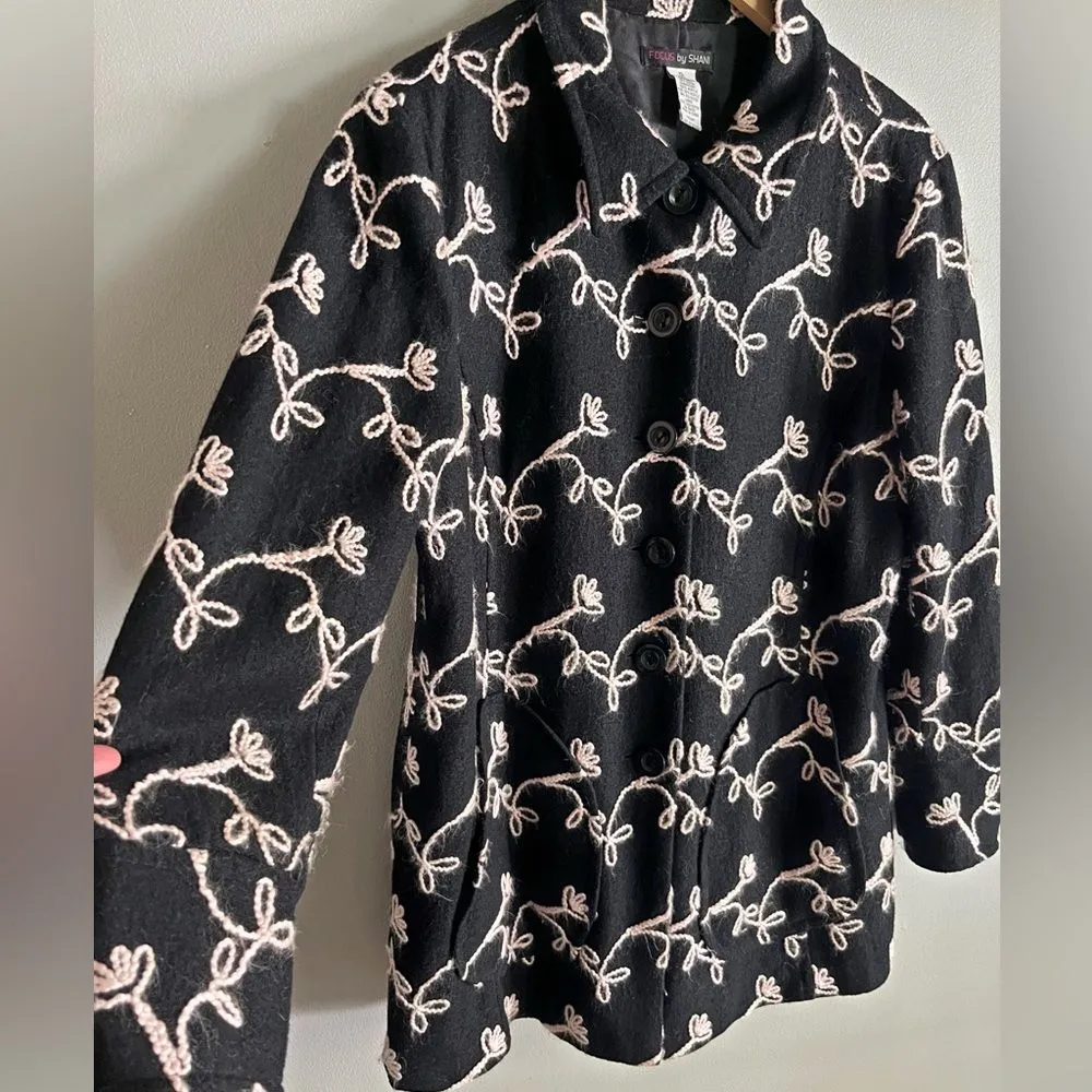 Vintage Y2K Focus by Shani Black Embroidered Jacket XL Floral Wool Blend Coat - Image 4