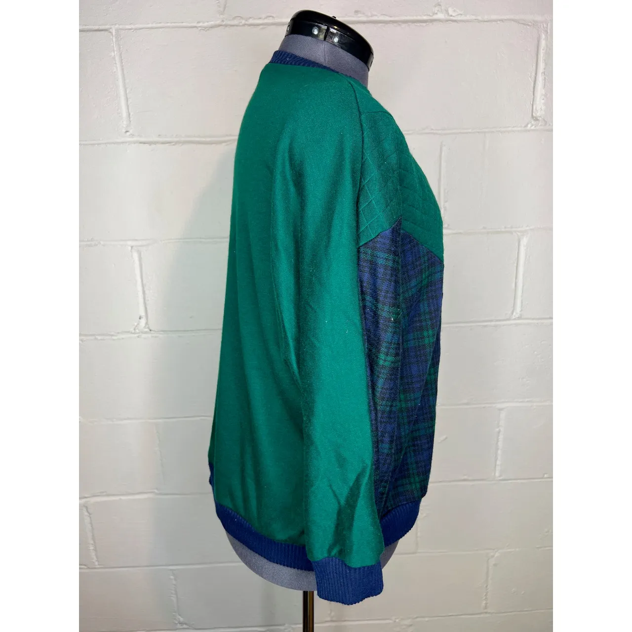 sweatshirt plaid chevron quilted green navy shoulder pads 1980s Size L - Image 8