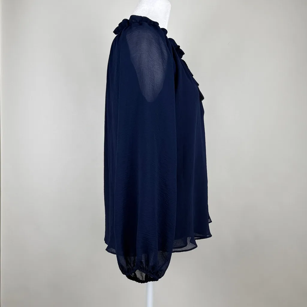 Misa Los Angeles Long Sleeve Ruffle Navy Blouse Top Tassels Size Small - Image 5