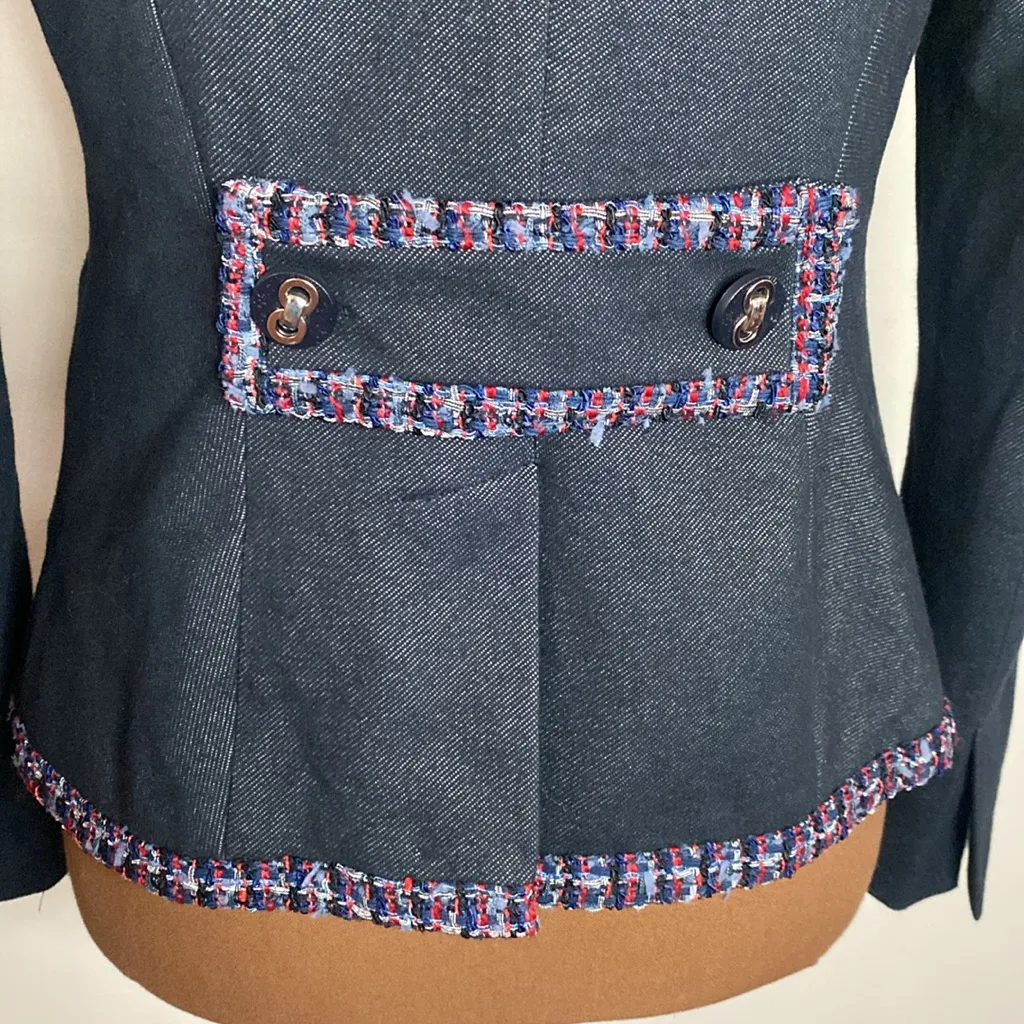 7th Avenue New York & Co denim like tweed ribbon trimmed tailored blazer size S Blue - Image 7