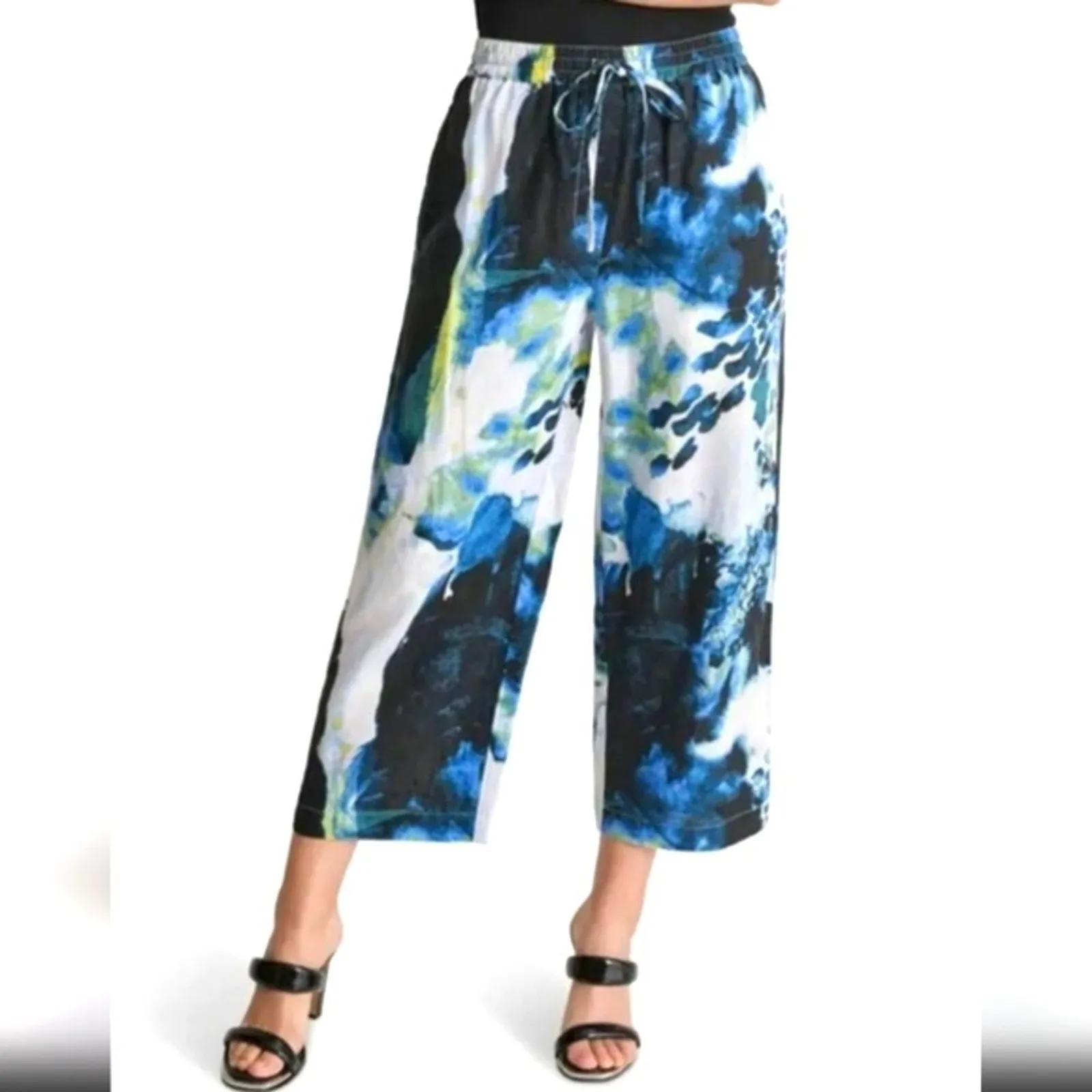 🆕 DKNY Linen Pants Plus 1X Blue Black Print Cropped Wide Leg Pants NEW NWT - Image 6
