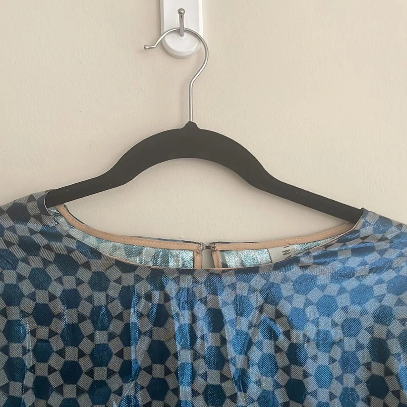TiA CiBANi Metallic Sheen See Through Geometric Floral Blouse Shirt Top Blue Size 6 - Image 3