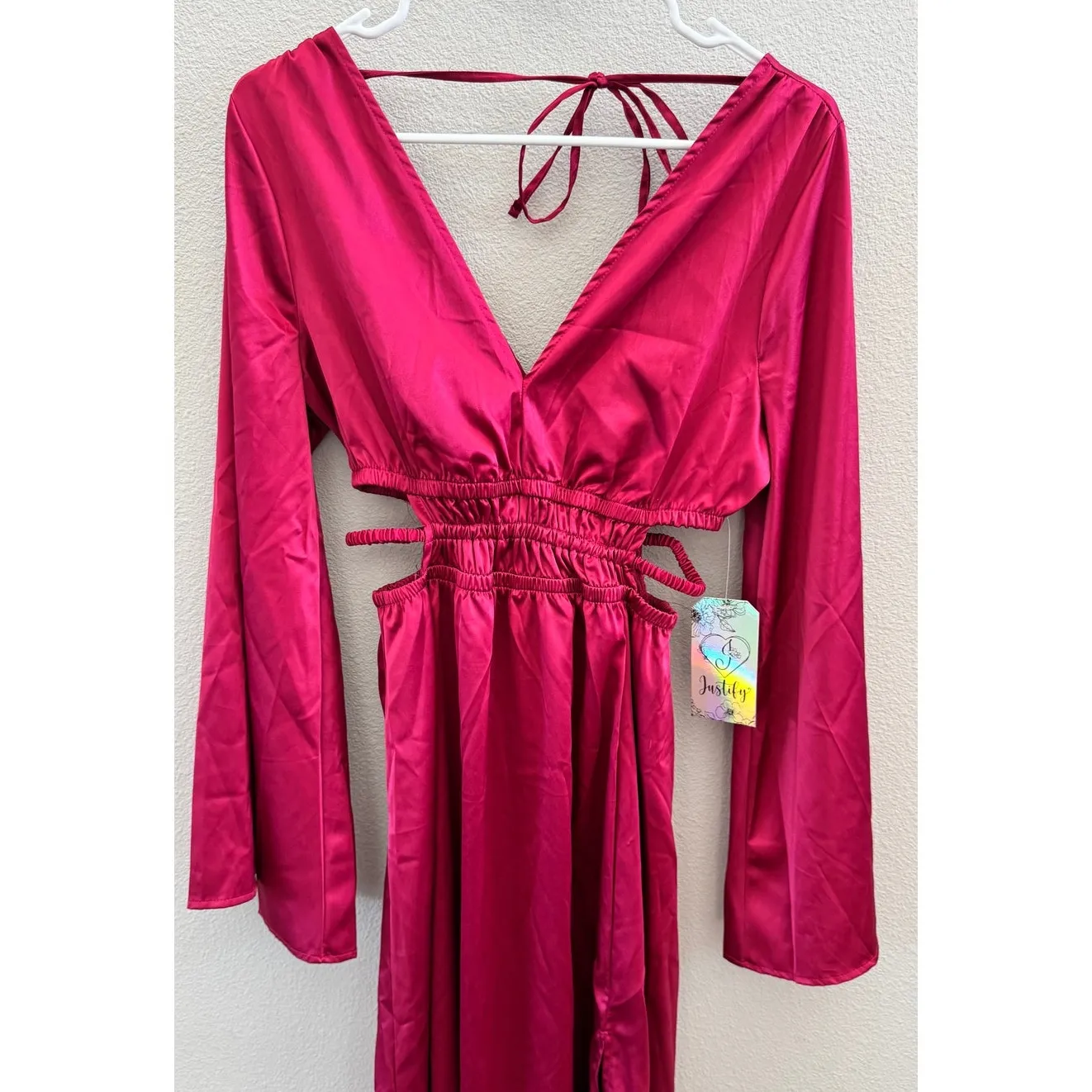 NWT Justify Hot Pink Maxi Dress Womens Size Small V Neck Angel Wing Sleeve - Image 3