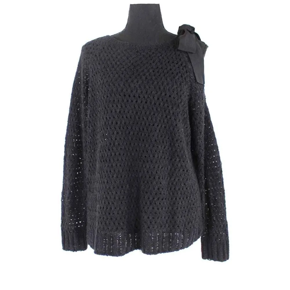 St. John Silk Bow Black Cotton Open Knit Sweater Small Round Neck Long Sleeve - Image 11