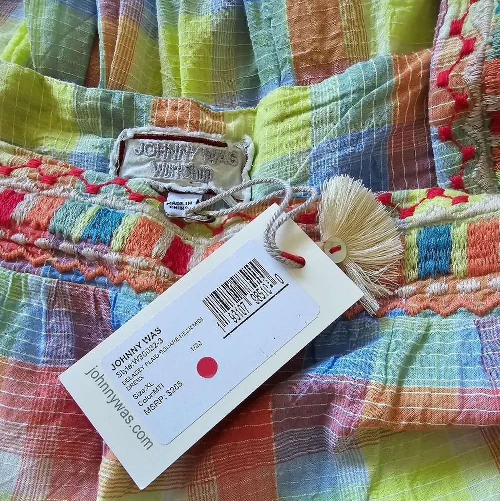 Johnny Was Delacey Plaid Square Neck Midi Dress XL Cotton Embroidered - Image 7