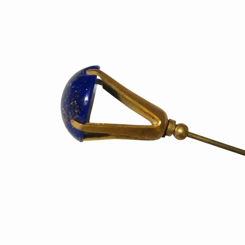 Long Hat Dress Pin Vintage Brass Blue Lapis Glass Bead Gold Tone Straight Dome - Image 10