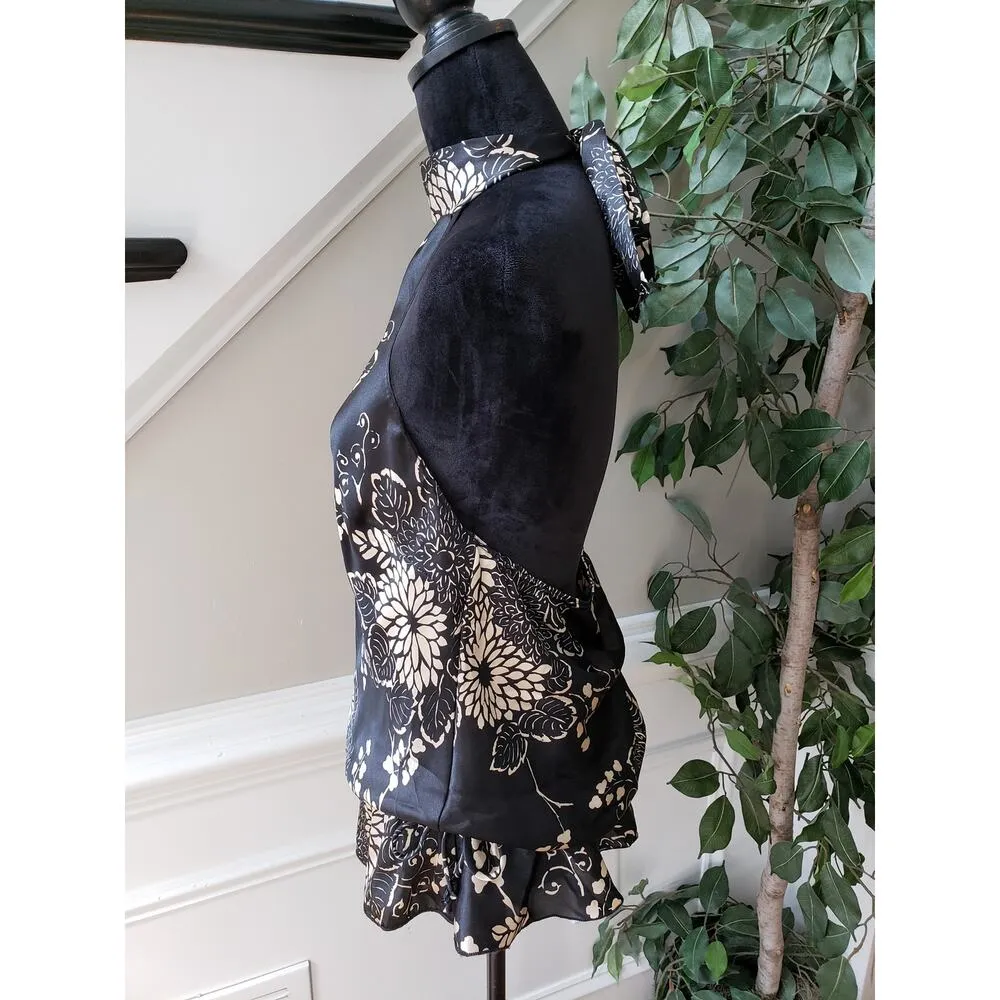 Voice Tank Top Womens XL Black Floral Sleeveless Keyhole Ruffle Trim Halter Neck - Image 11