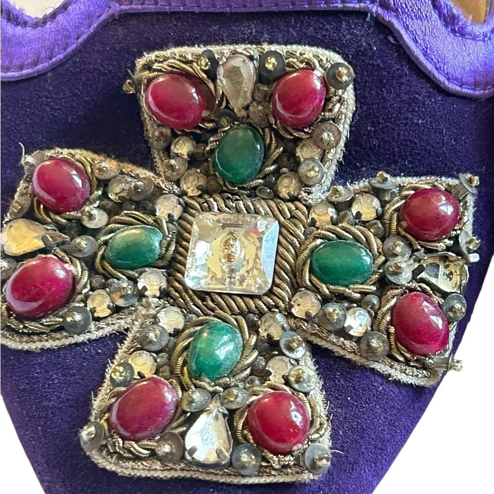 Oscar del la Renta flats purple suede satin jewels stones Size 35/5 slide Cross - Image 4