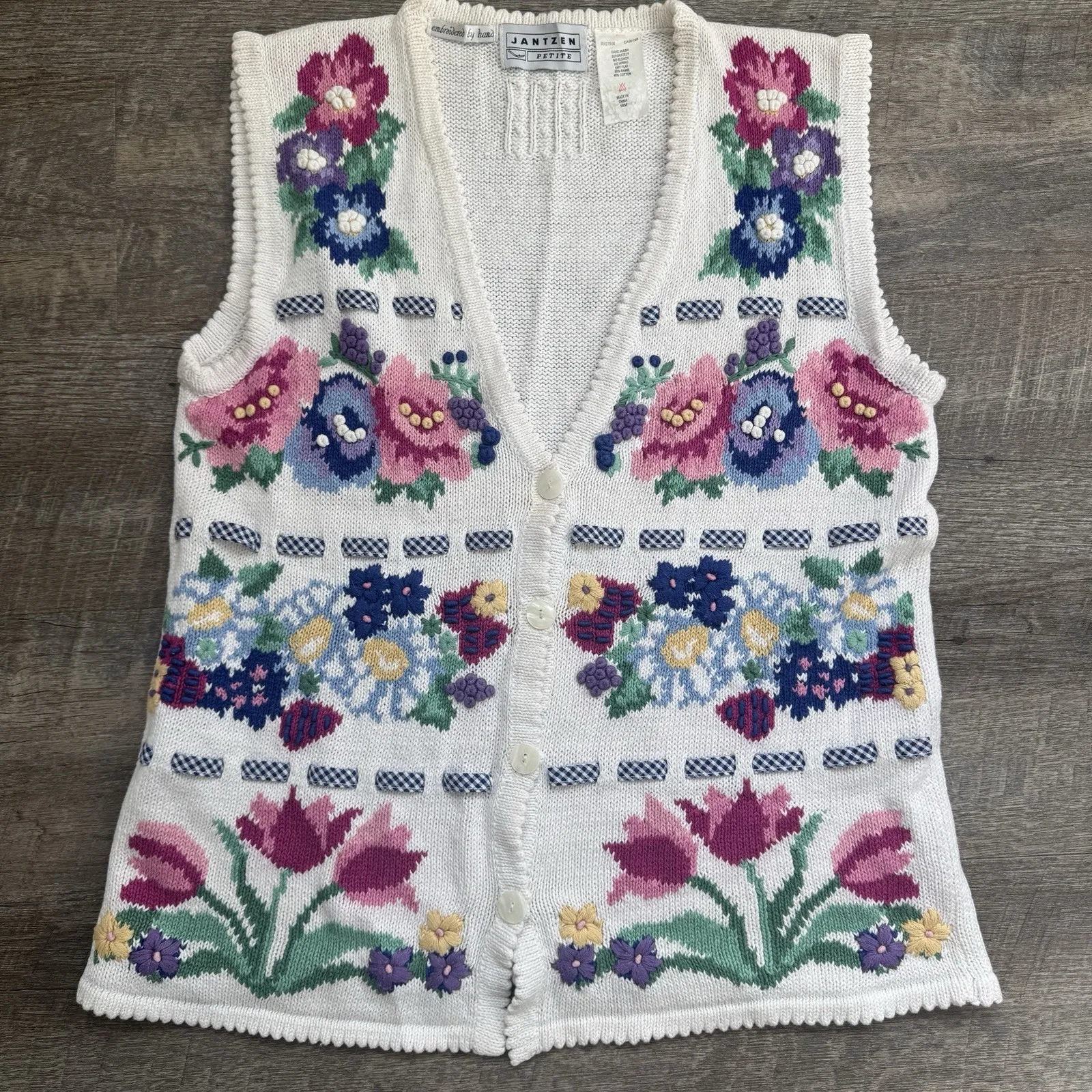 Vtg Jantzen Grandma Sweater Vest Hand Embroidered Floral Cottagecore Granny Med - Image 7