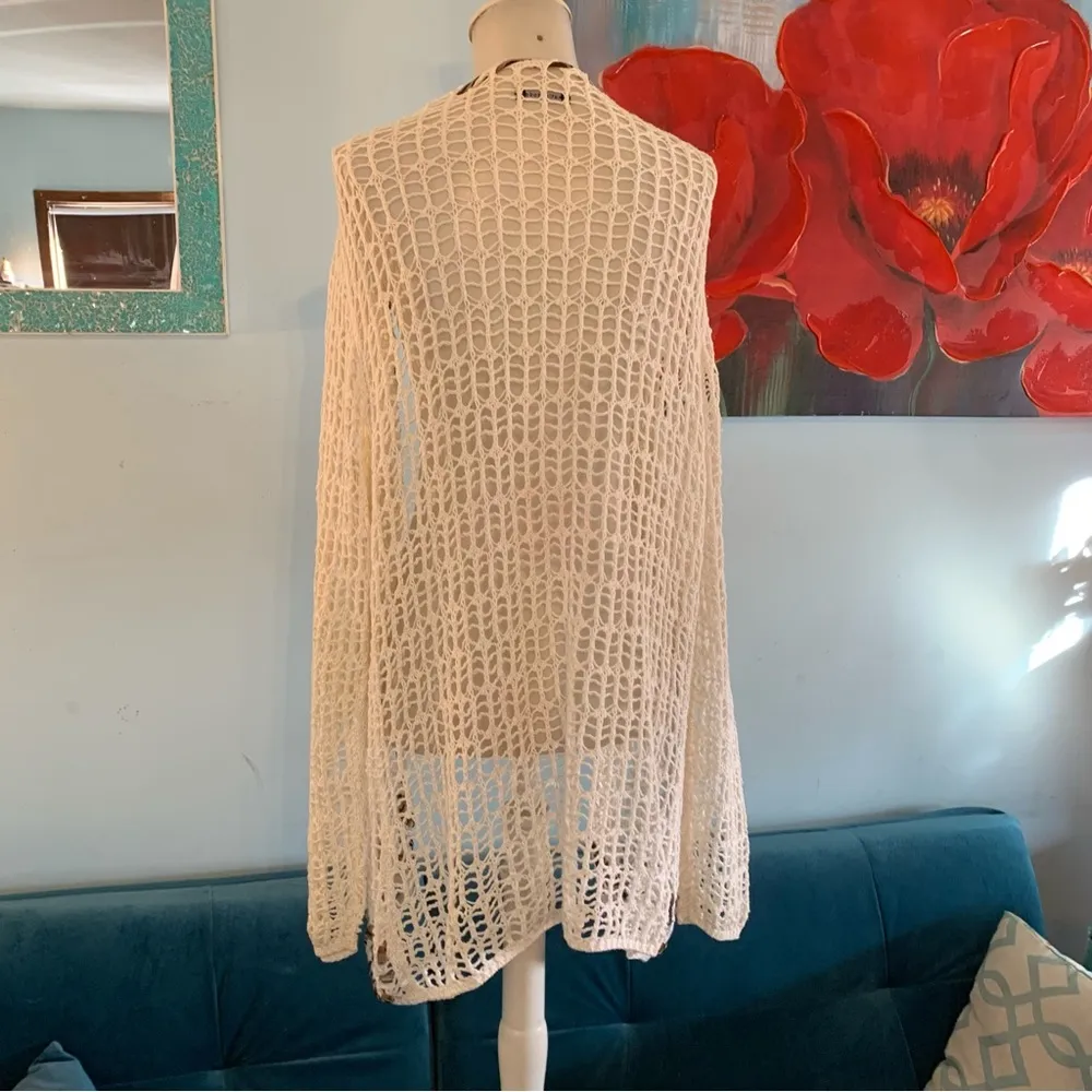 Katie Todd Weave Crochet Cardigan Boho Sz M Medium Cover Up White Ribbon Trim - Image 2