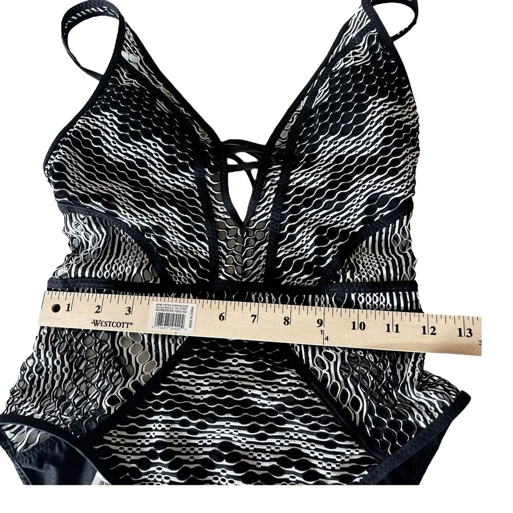 NEW BECCA Reveal Plunge One Piece SWIMSUIT SM Womens Black Crochet Bathing Suit! - Image 13