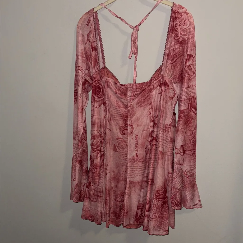 SHEIN Pink and Red Print Long Sleeve Corset Lined Sweetheart Neck Dress - Image 6