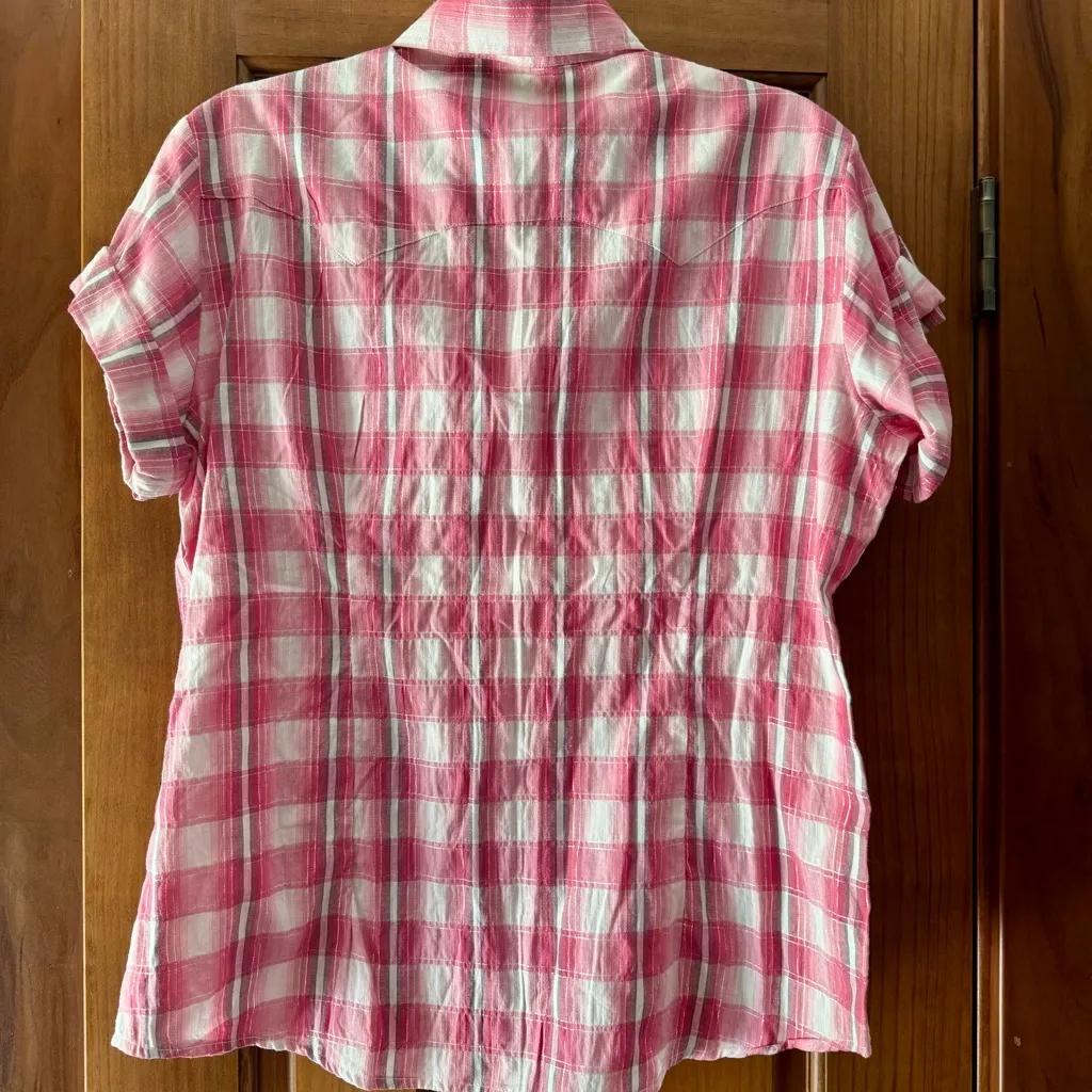 Panhandle Slim Pearl Snap Shirt Women’s Large Pink Silver Plaid Western Cowgirl - Image 5