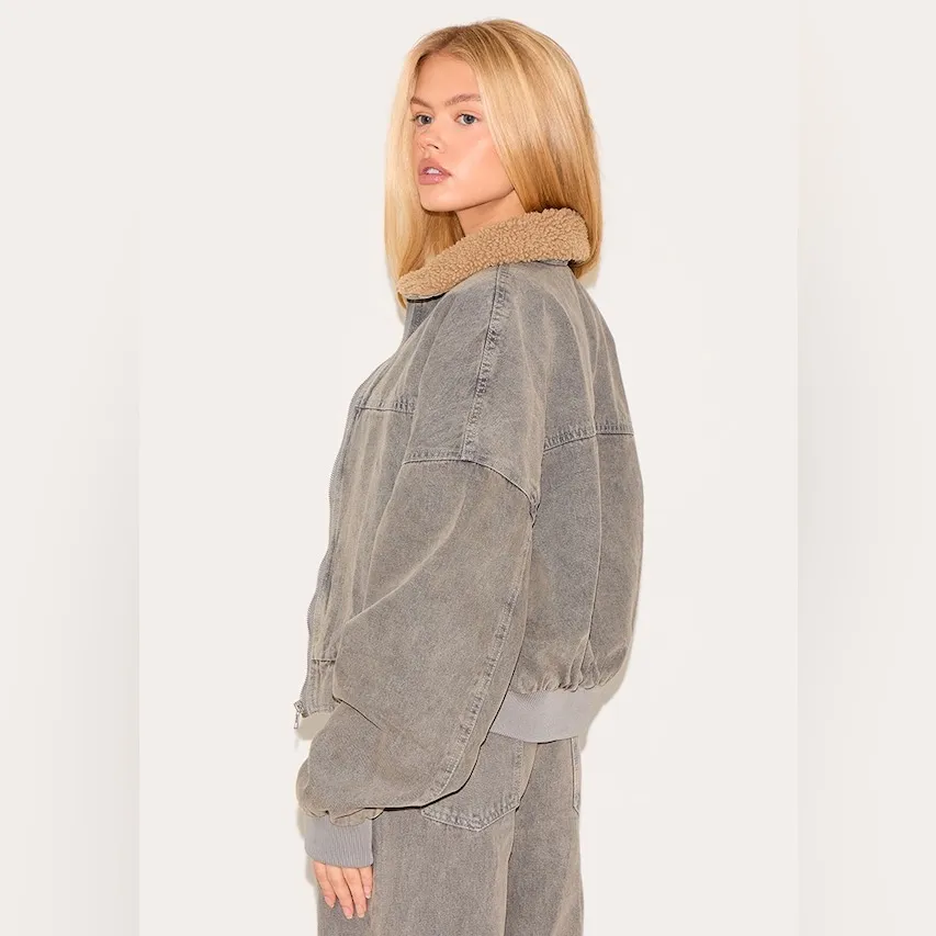 PLT LIGHT GREY SHERPA COLLAR DENIM BOMBER JACKET - Image 2
