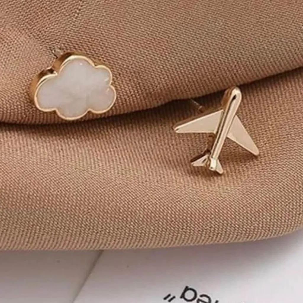 Cute Airplane & Cloud Asymetrical Stud‎ Earrings, Sky, Flight Atendant, Gift Gold - Image 2