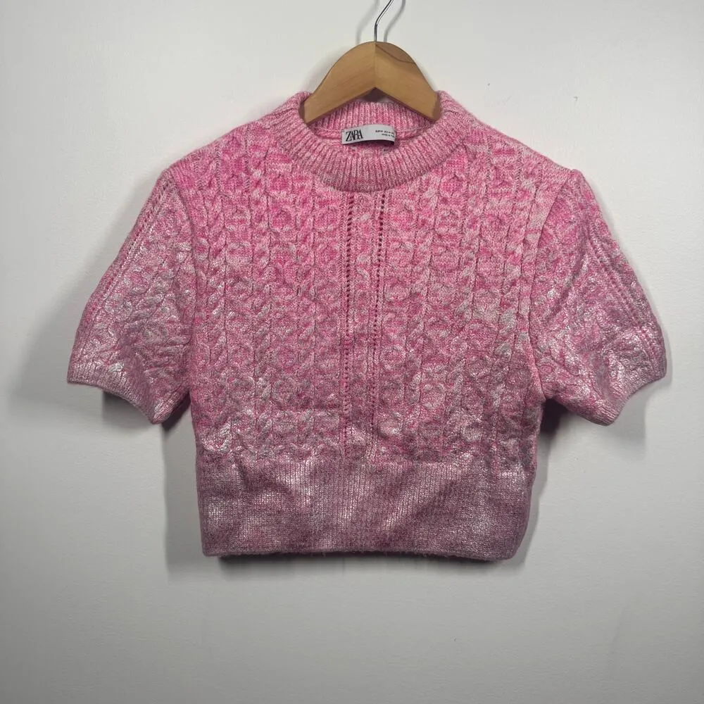 Zara Sweater Women M PINK CABLE KNIT METALLIC Short Sleeve Bratz Y2K Barbie - Image 2