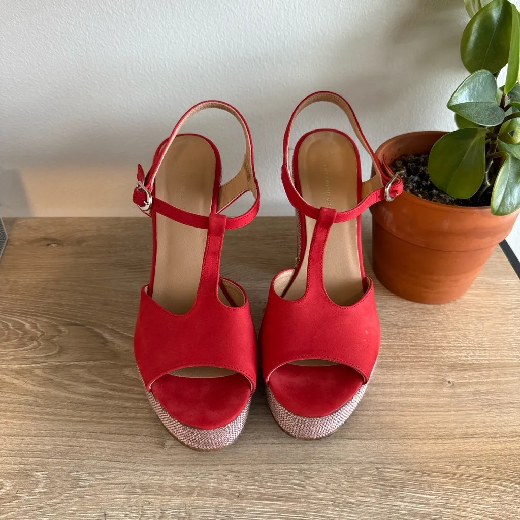 Anthropologie Glitz T-Strap Red Suede Platform Block Heels, 9.5 - Image 2