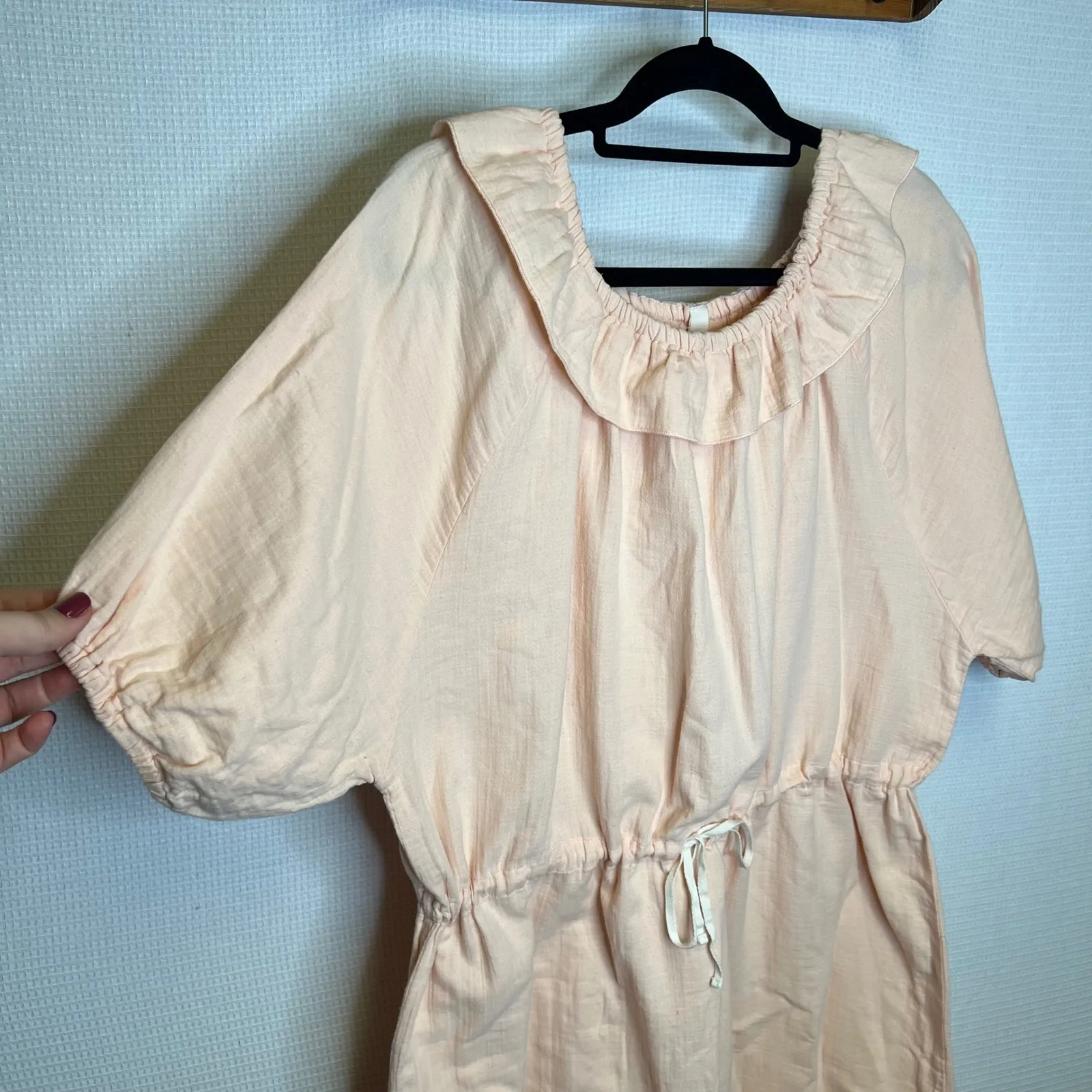 LiLU Women Peach Ruffle Drawstring Waist Tiered Midi Dress 100% Organic Cotton M Pink Size M - Image 2