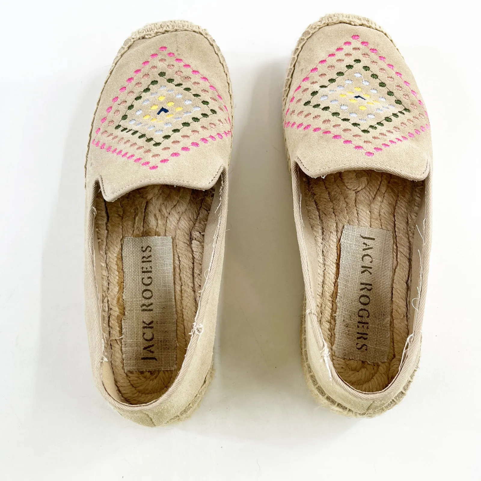 Jack Rogers Luna Suede Embroidery Slip On Flat Espadrilles Shoes Sand 7.5 - Image 2