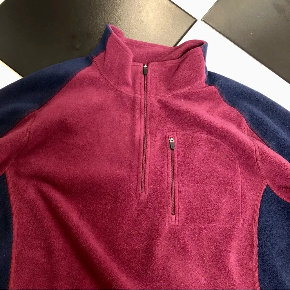 LL Bean Fleece Pullover Jacket Quarter Zip Burgundy & Navy Blue Unisex sz L - Image 2