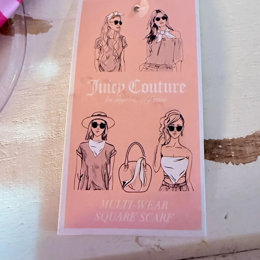 Juicy Couture Pink Logo Scarf • Satin Square Bandana • Hot Pink Script Print NWT - Image 6