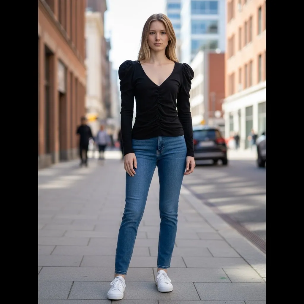 Z Supply Black Long Sleeve Top Ruched V Neck Blouse Puff Sleeve Fitted S - Image 9