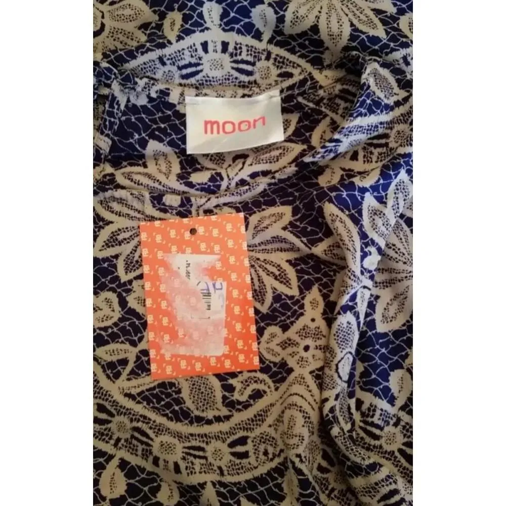 Blue & Beige Lace Print Fringe Hem Sleeveless Boho Dress by Moon from Modcloth Size M - Image 7