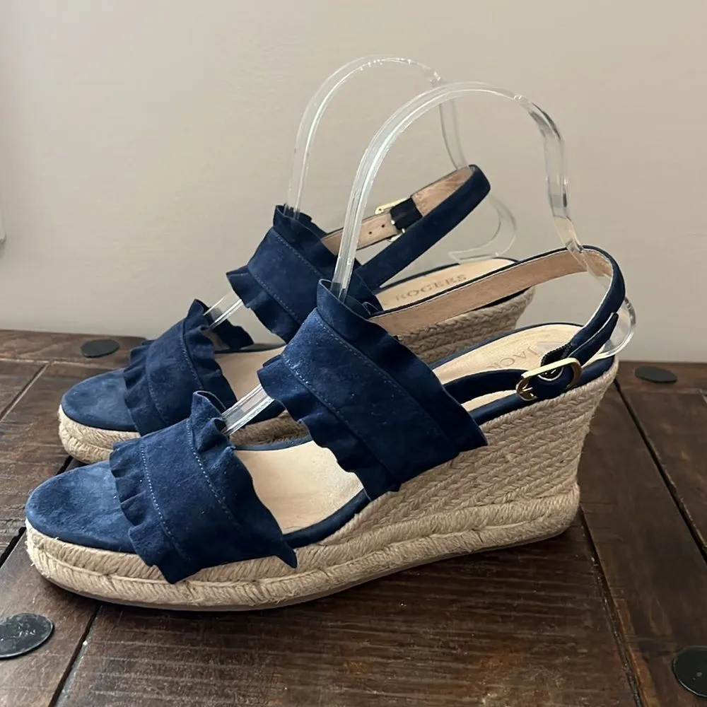 Jack Rogers Wedge Espadrille‎ Navy Blue Ruffle Double Strap Size 8.5 - Image 6