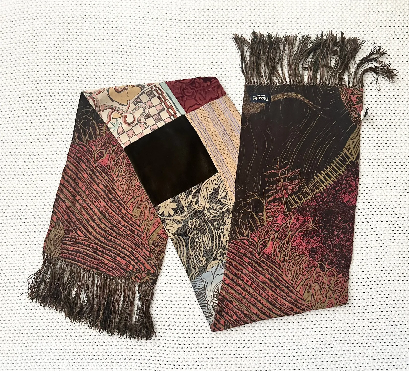 Pazuki London Made In London Floral Patchwork Fringe Trim Long Silk Velvet Scarf Red - Image 1