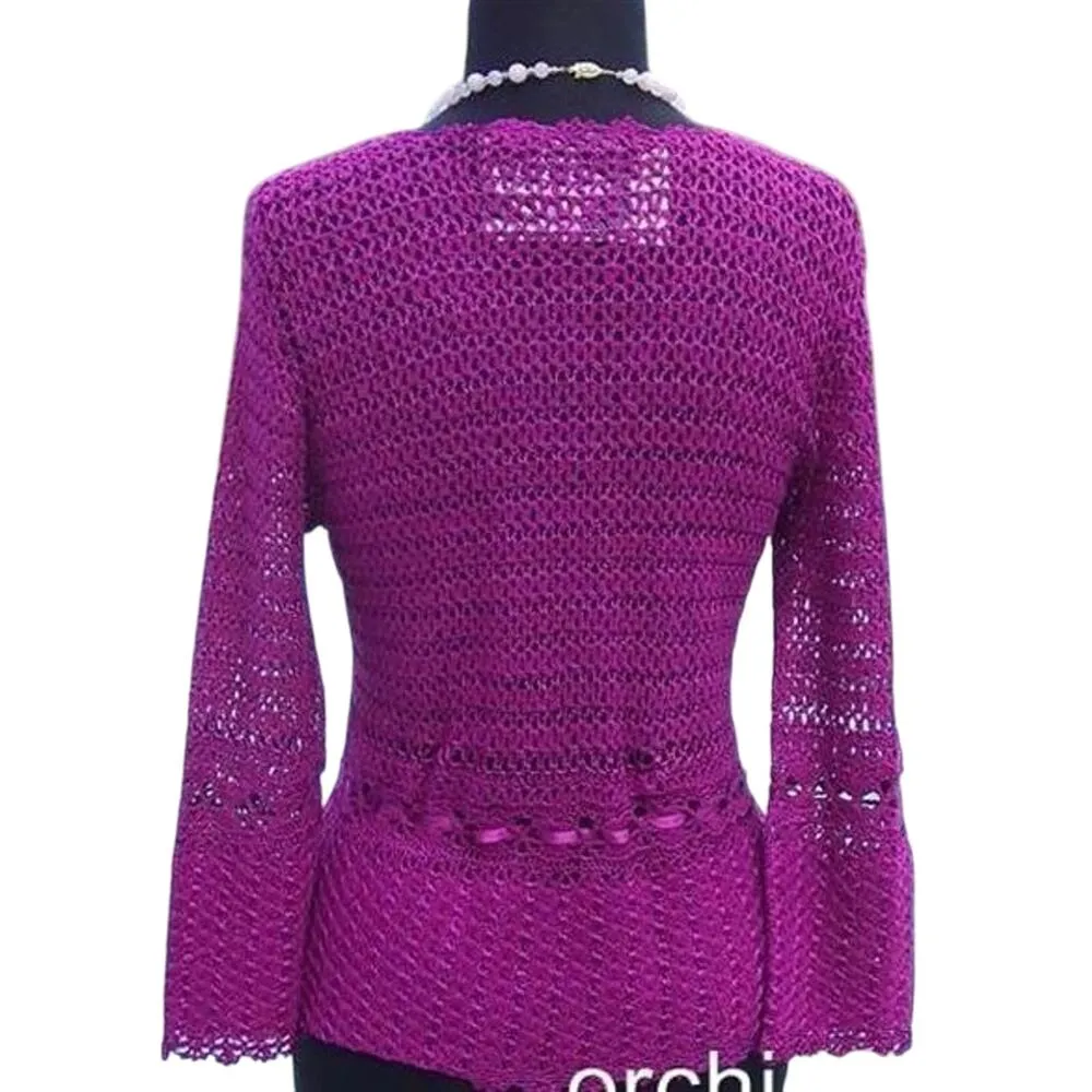 Cache Fuchsia Peek A Crochet Knit Self Belt Top New Ribbon Trim Stretch $148 NWT - Image 3
