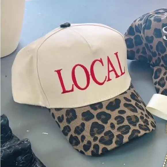 LOCAL Embroidered Trucker Hat, Leopard Print Brim White - Image 3