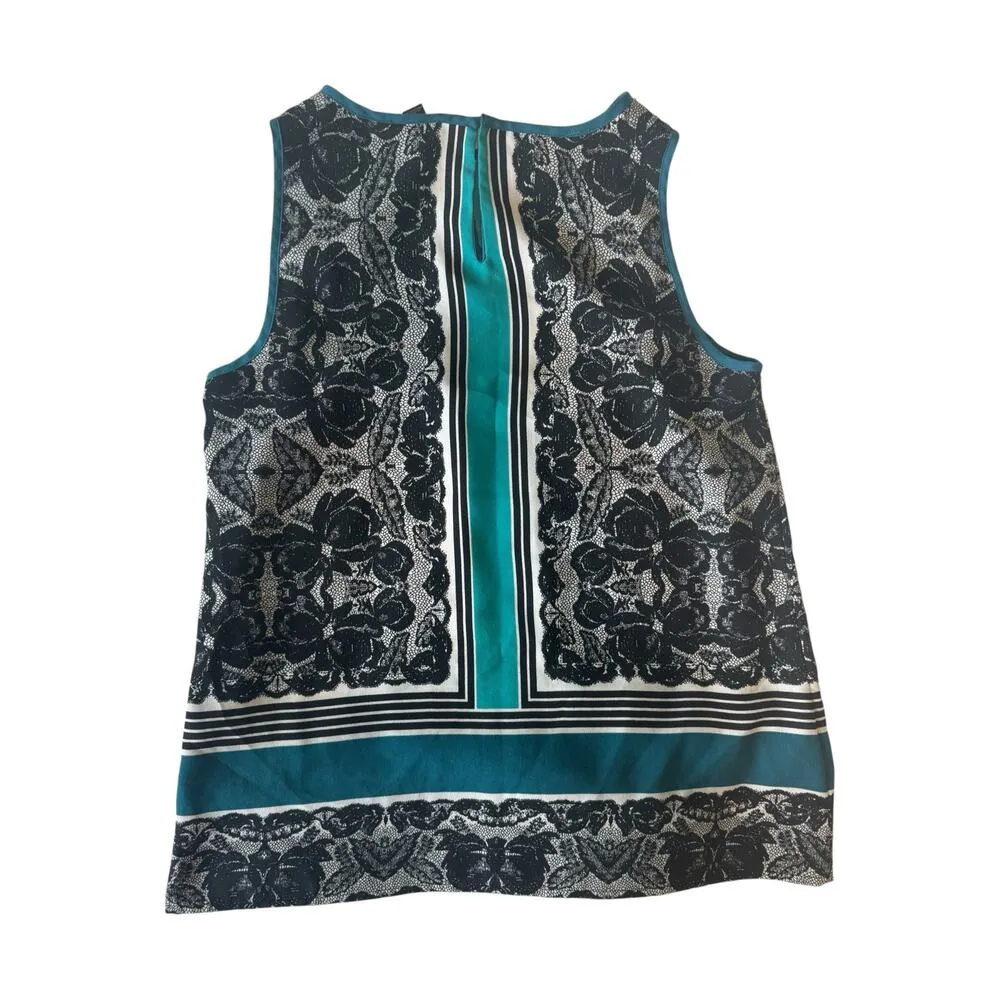 Ann Taylor Petite SP Sleeveless Blouse Teal Black Lace Print Baroque Top Work - Image 3