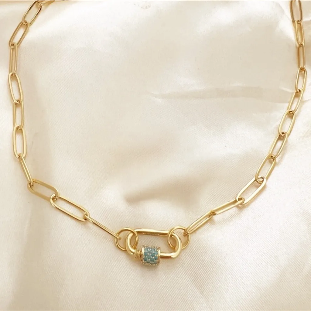 18k Gold Plated paperclip chain necklace pavé carabiner clasp Women’s Jewelry - Image 3