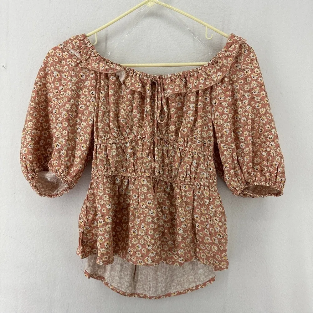 NEW Emelia Ruffle Puff Short Sleeve Floral Linen Blend Top Blouse M Pink Size M - Image 2