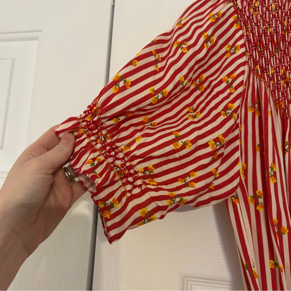 Elena Smocked Printed Broadcloth Midi Dress size M Striped Red Floral Pink Size M - Image 4