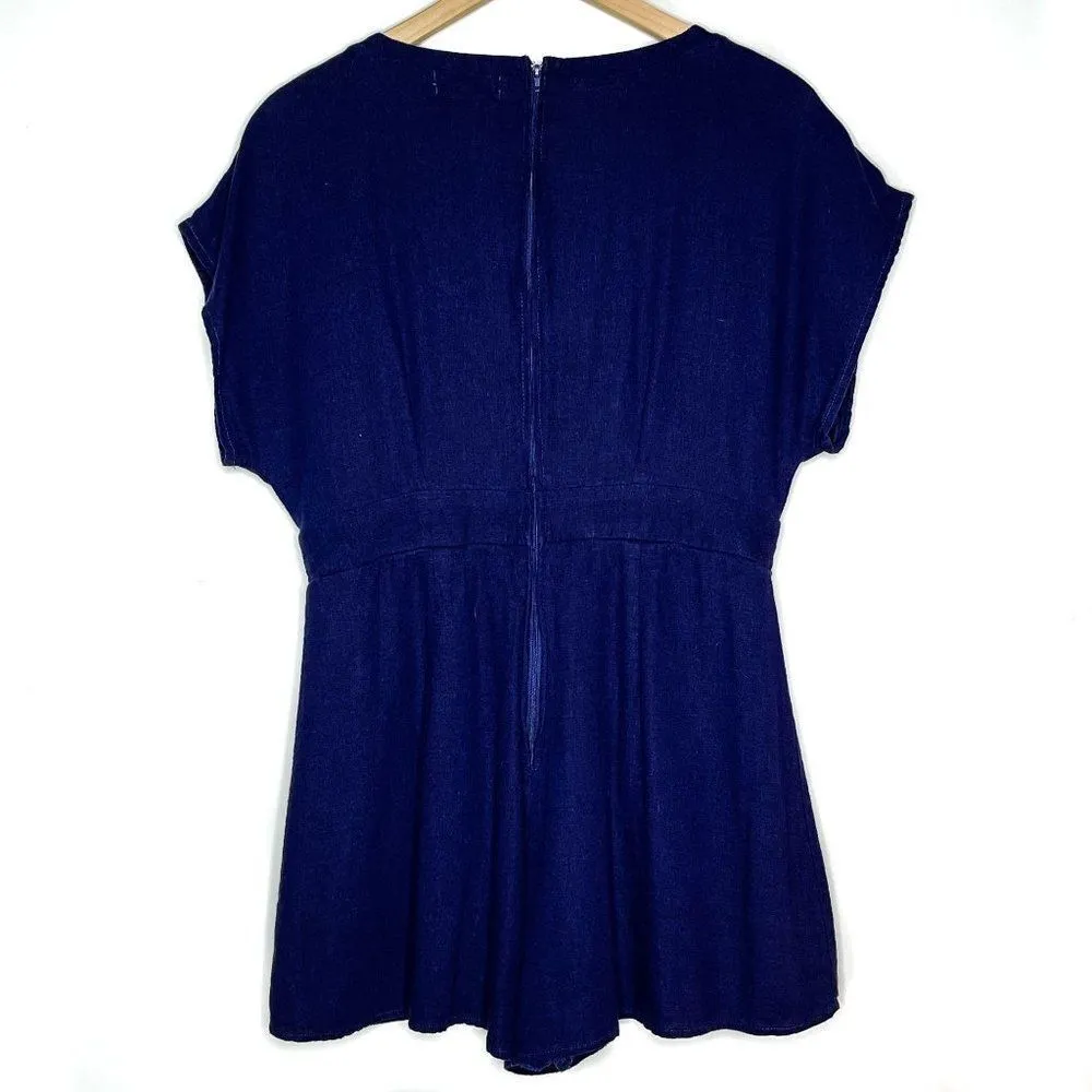 Altar'd State Leona Short Sleeve Deep V-Neck Shorts Linen Navy Blue Romper - Image 4