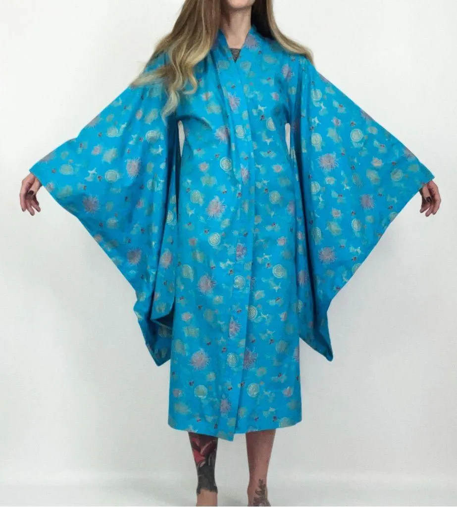Vintage Patterned Kimono Robe in Aqua Blue | Size S/M - Image 3
