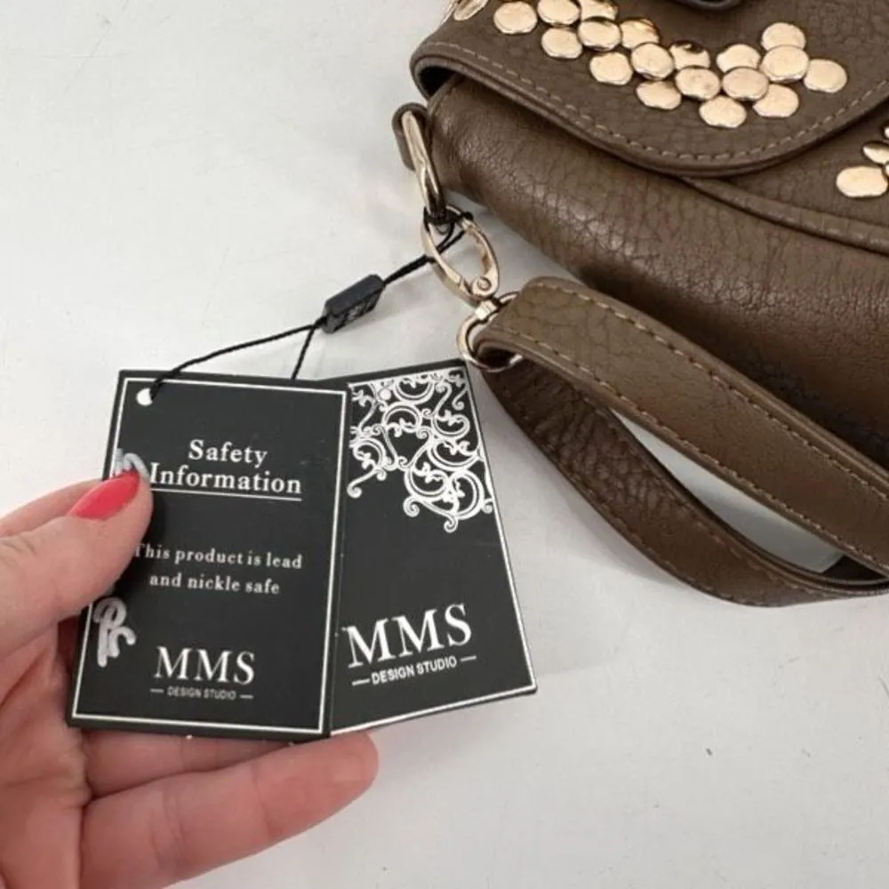NWT MMS Design Studio Brown & Gold Studded vegan leather Crossbody shoulder Bag - Image 11