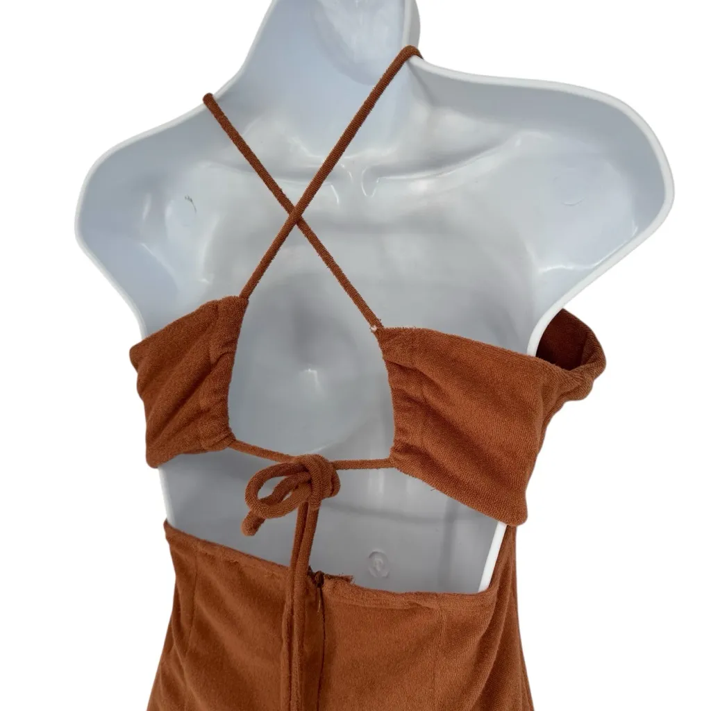 Princess Polly Brooke Terry Cloth Mini Cut Out Boho Halter Dress Brown Size 8 - Image 4