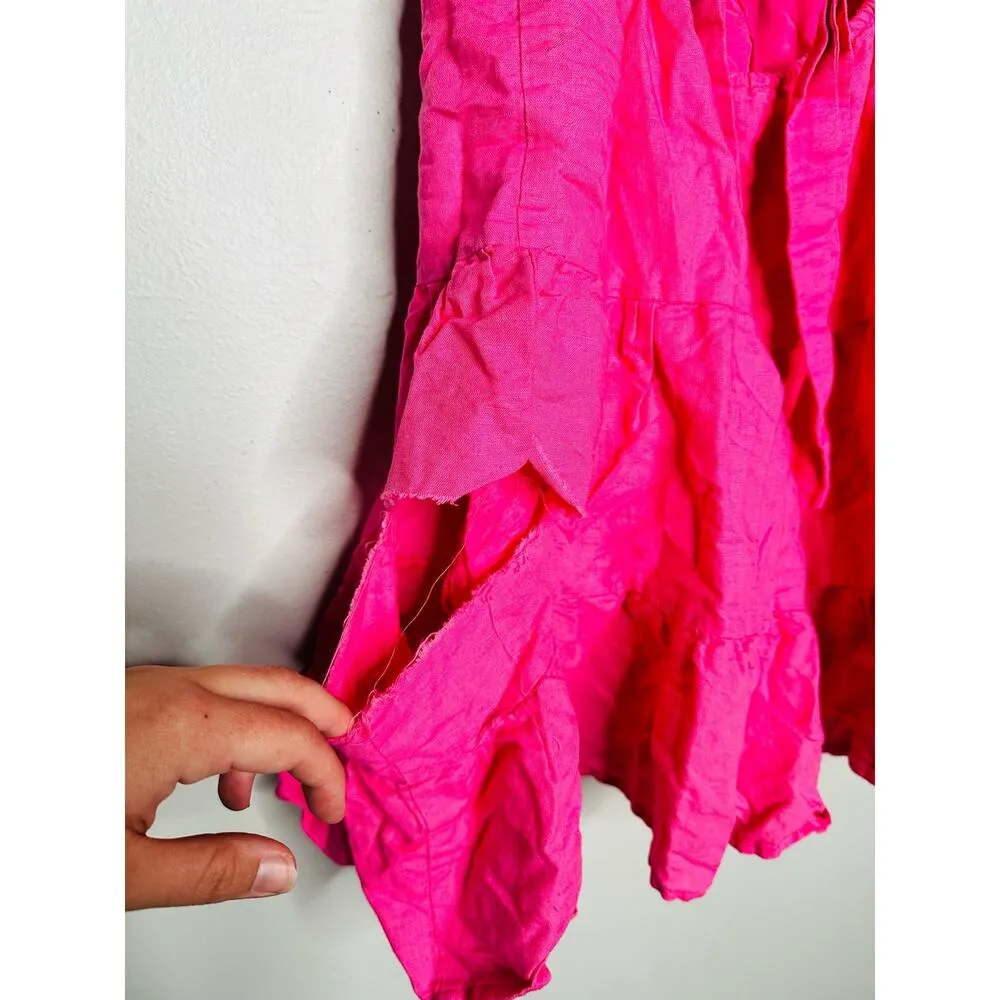 LOUNA Pink Linen Blend Tiered Puff Sleeve Tie Back Square Neckline Mini Dress S - Image 13