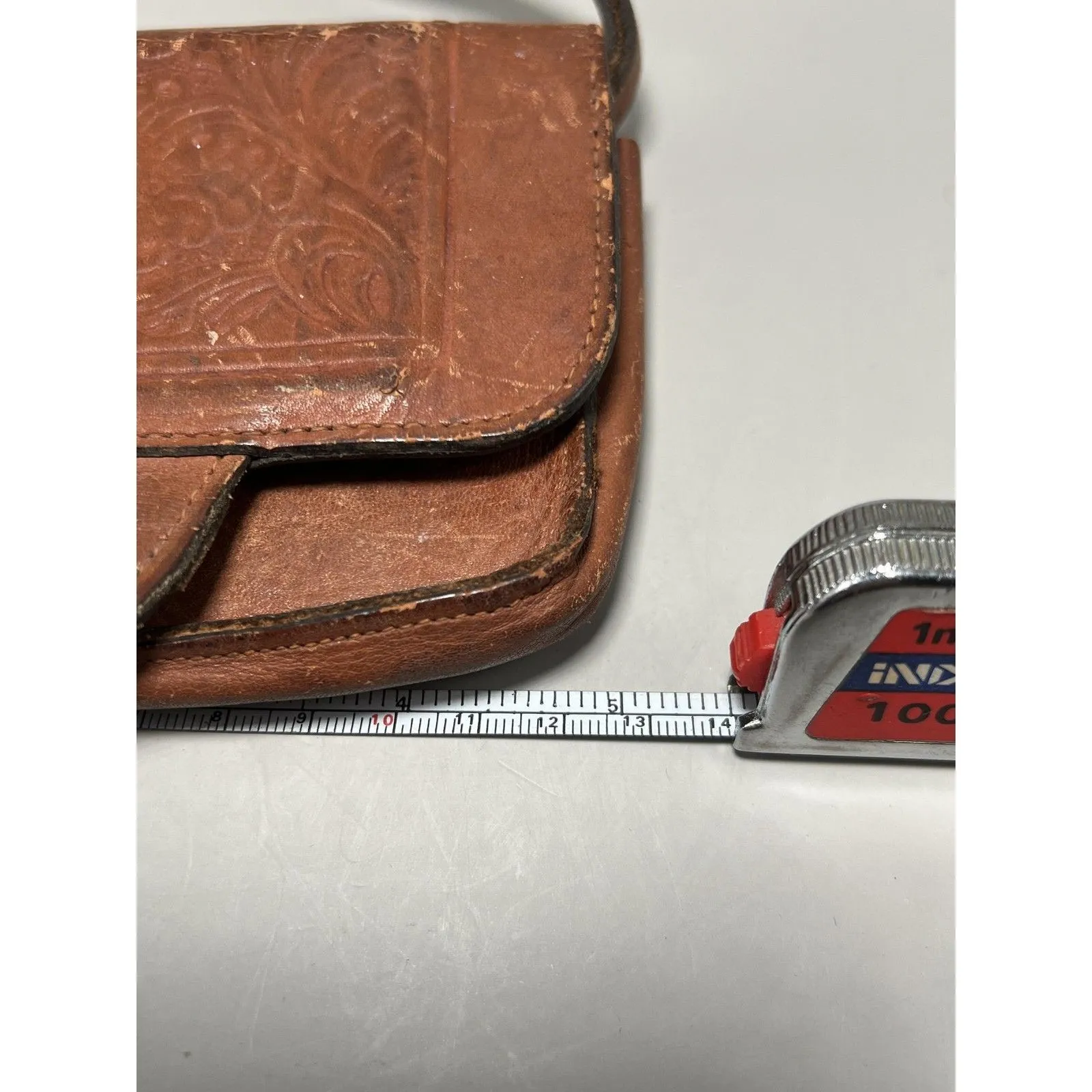 Vintage Tooled Leather Makeup Purse Bag Mirror Top Grain Cowhide Made in Haiti Brown - Image 9