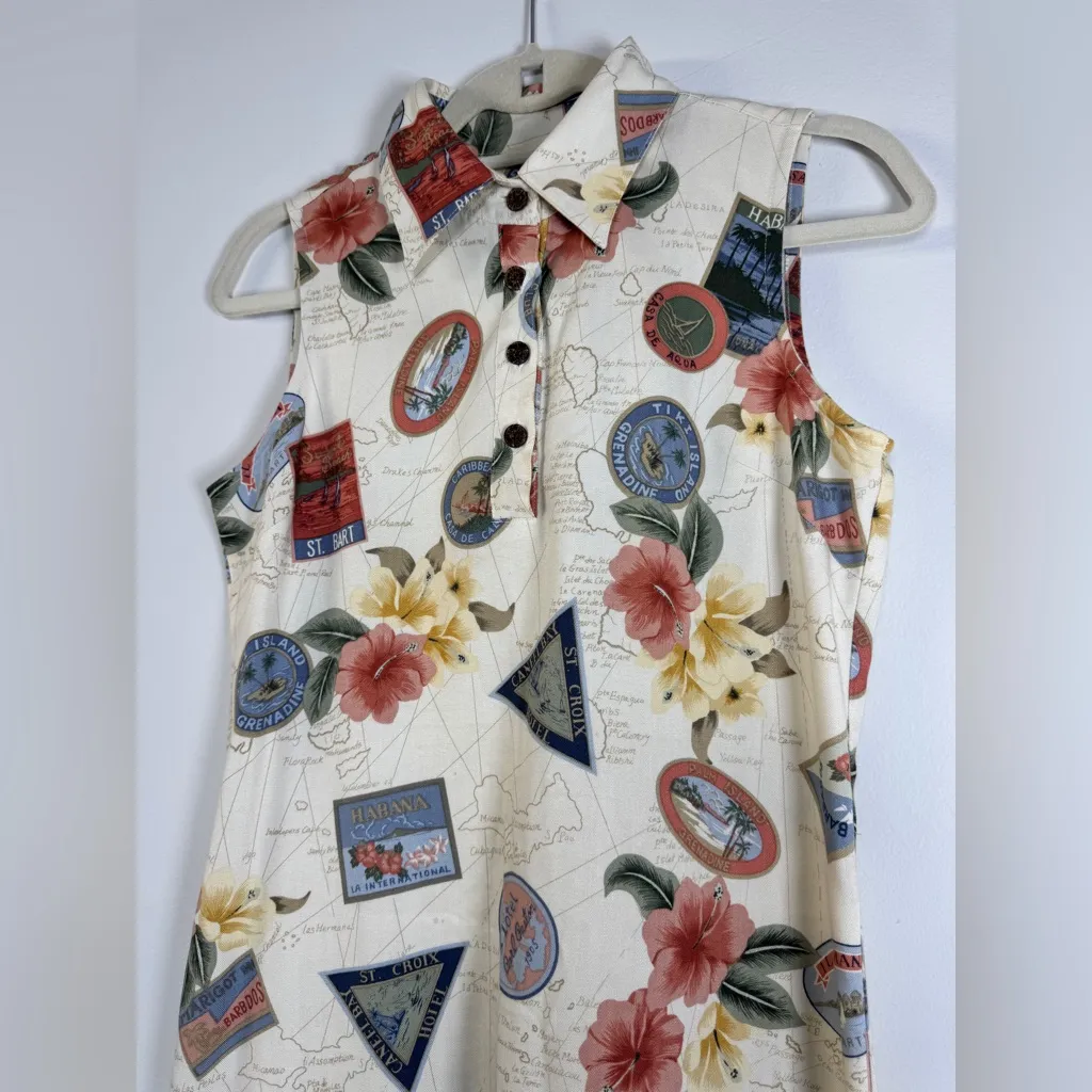 Vintage ‘90s Caribbean Joe Island Novelty Print Collared Sleeveless Mini Dress - Image 2