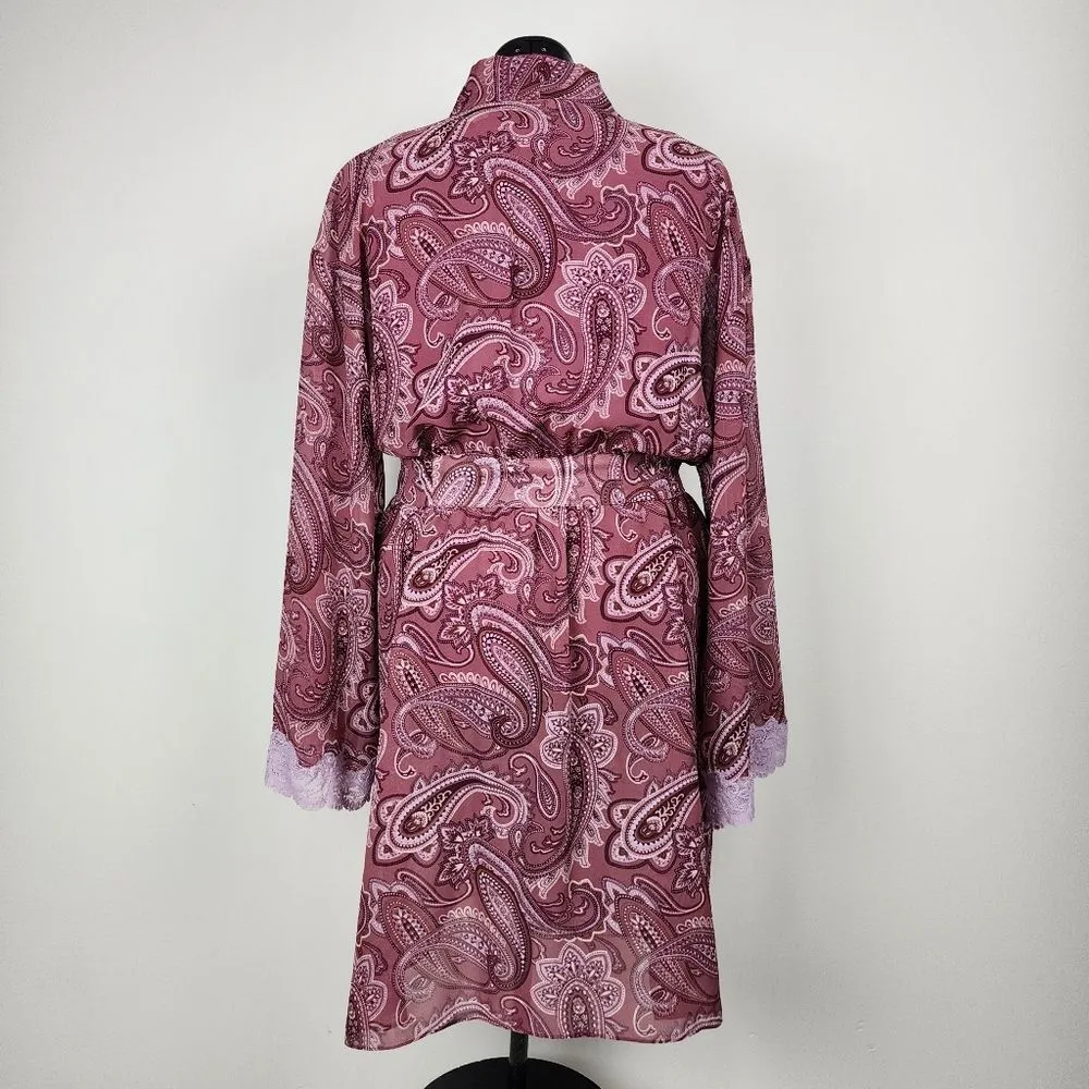 Valerie Stevens Robe Mauve Chiffon Paisley Print Lace Accent Cuffs Size L - Image 3