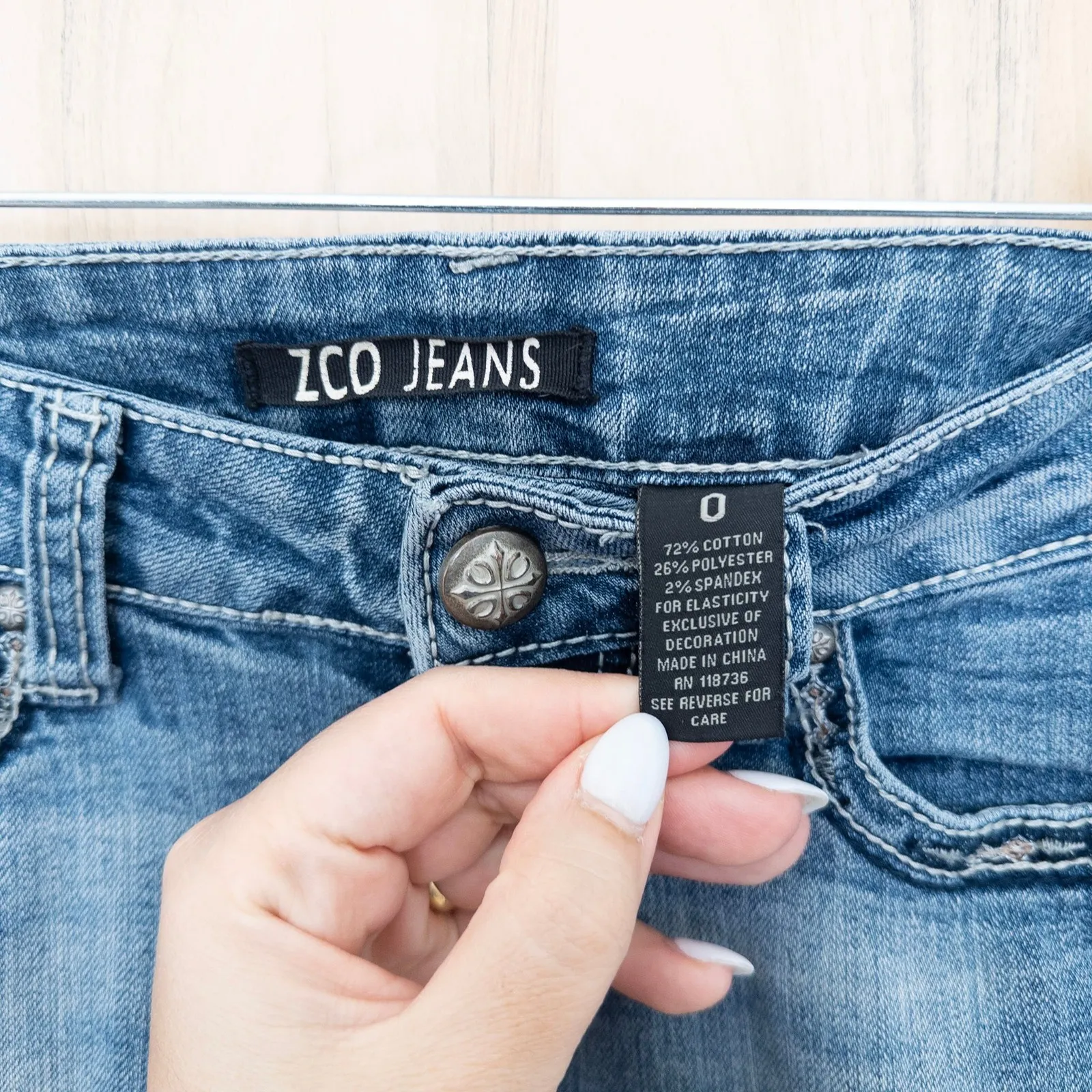 Y2K ZCO Womens Low Rise Jeans Size 0 Blue Distressed Skinny Beaded Pocket 2000s - Image 5