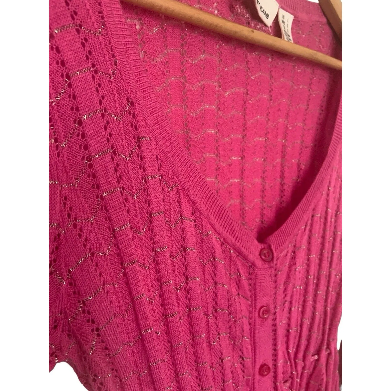 Vintage Dkny Jeans L Pink Open Knit Babydoll Fairy Y2K Button Down Top Blouse - Image 4