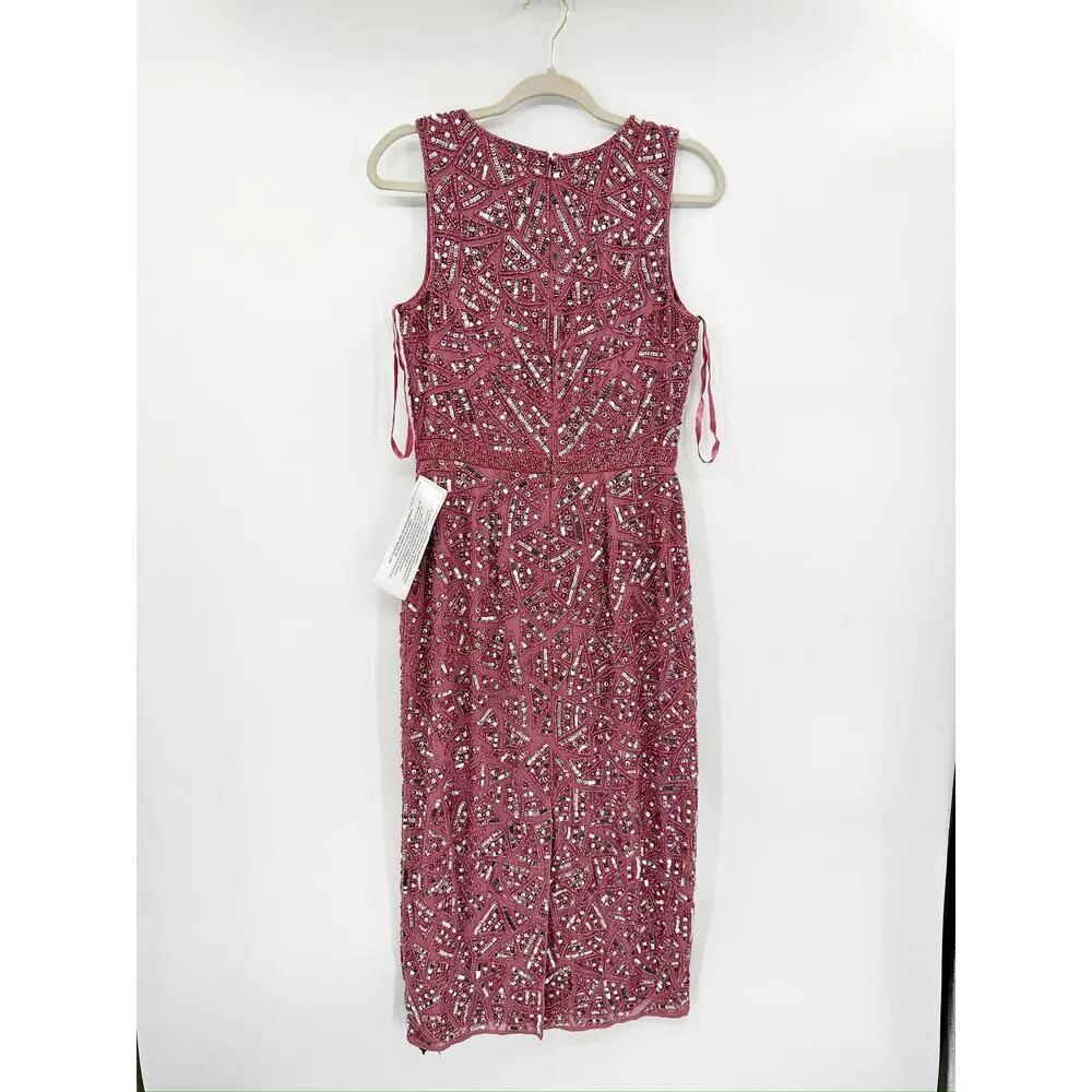 Mac Duggal 93550 Sleeveless Beaded Midi Sheath Gown Pink Sequin 6 NWOT - Image 4